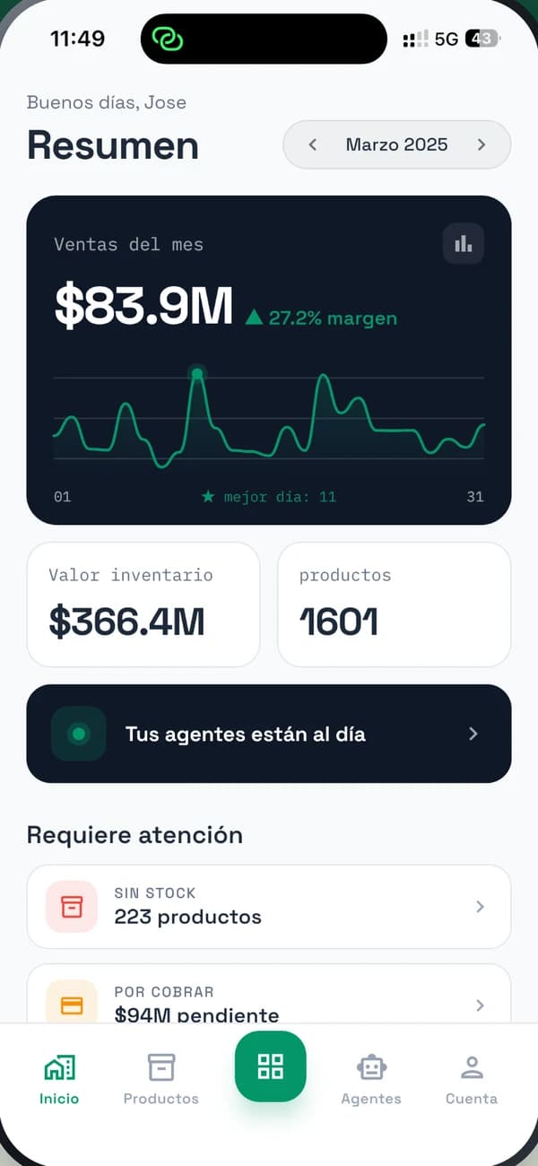 Panel de QuantOps en el celular con las alertas de stock y cartera del día
